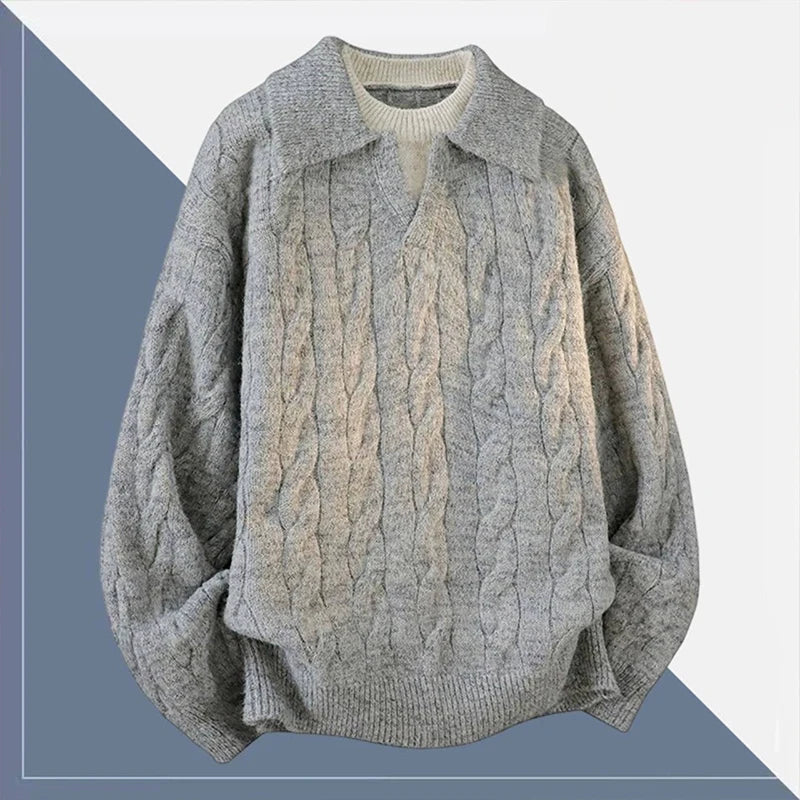 Threebooy Korean Luxury Jacquard Men Polo Sweater Loose V Neck Knit Solid Color Pullover Casual Premium Quality Long Sleeve Knitwear M-3XL