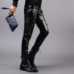 Threebooy Men's Fashion Leather Pants Tight Elastic Tie Cord Punk PU Pants Men's Motorcycle Pants Thin Style