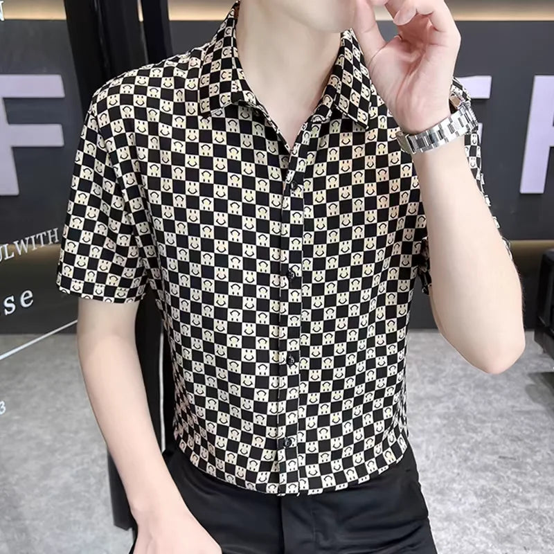 Threebooy  Trend Versatile Summer New Thin Shirts Men Clothing Lapel Print Plaid Single Breasted Streetwear Fashion Slim Short Sleeve Tops