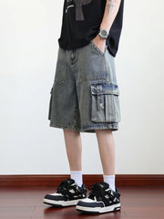 Threebooy  Summer Denim Cargo Shorts Men Flap Pockets Wide Leg Baggy Jeans Shorts Big Size 8XL 7XL 6XL Loose Fit Straight Jean Short Male