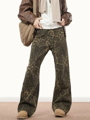 Threebooy  Y2k Animal Leopard Print Baggy Jeans Men Streetwear Vintage Wide Leg Flared Denim Pants Hip Hop Techwear Straight Long Trousers