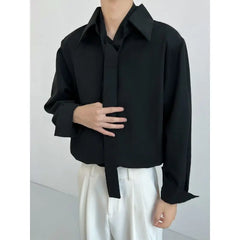 Threebooy  Tie Design Shirt Men Drape Sense Unique Large Point Collar Loose Fashion French Long Sleeve