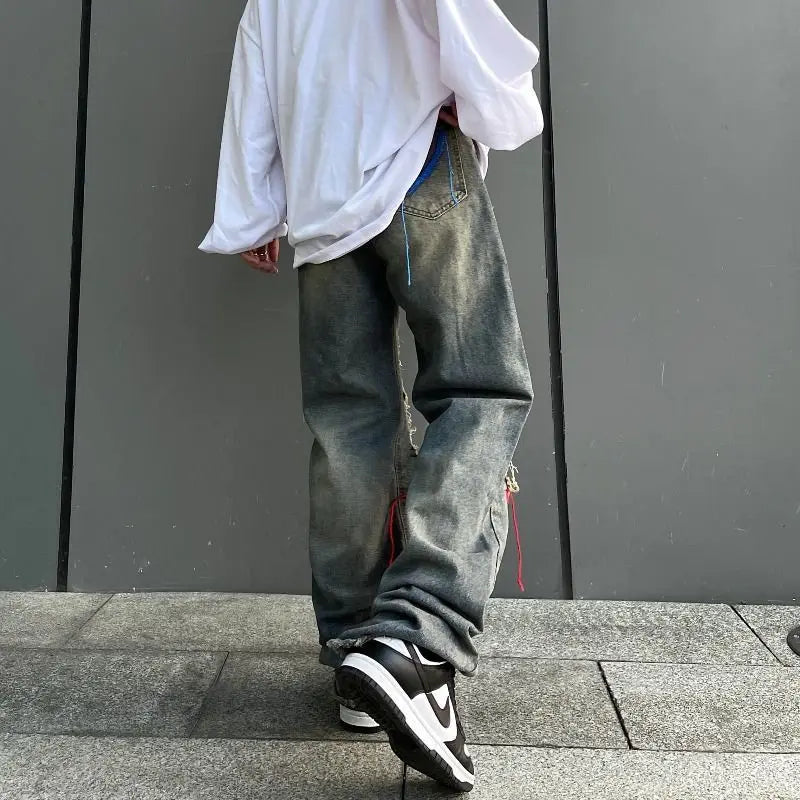 Threebooy Korean Style Ins Hip-Hop Trendy Distressed Red Rope Vintage Jeans Washed And Worn Long Straight Leg Pants