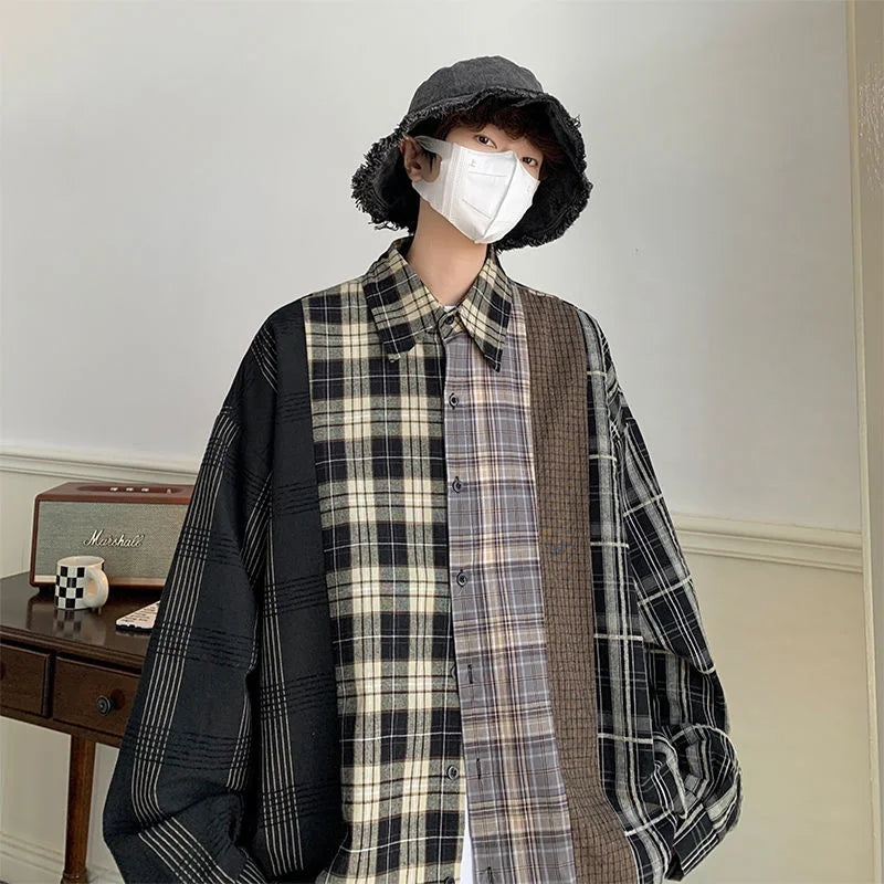 Threebooy Men's Fashion Trend Loose Long Sleeves Hawaiian Shirts Cargo Splicing Plaid Printing Shirts Black Color Camisa Masculina