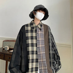 Threebooy Men's Fashion Trend Loose Long Sleeves Hawaiian Shirts Cargo Splicing Plaid Printing Shirts Black Color Camisa Masculina