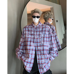 Threebooy Men Shirt Plaid Tie-dye Long Sleeve Mens Casual Loose Shirt Autumn High Quality Oversized Male Checked Shirt Red/Blue/Gray