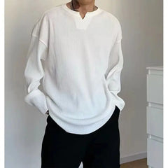 Threebooy Extra Large Pleated Pit Strip T-shirt for Men and Women with Design Sense V-neck Loose Long-sleeved Cityboy Henry Collar T-shirt