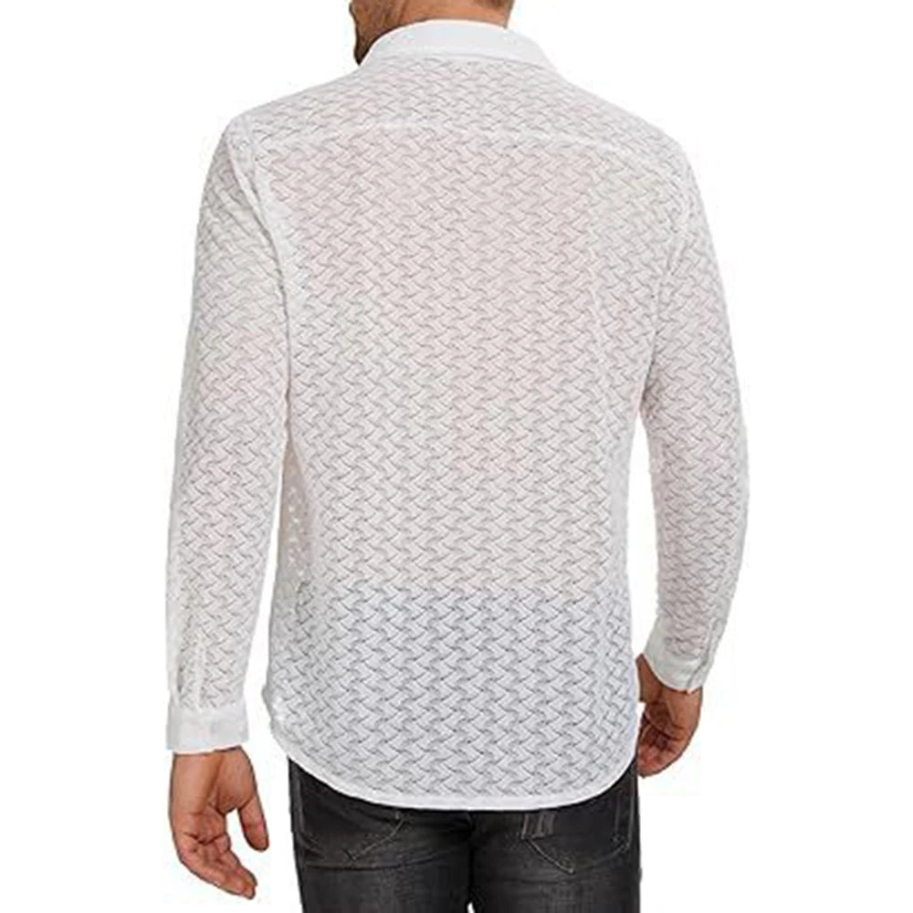 Threebooy Mens Sexy See-Through Casual Long-Sleeved Shirt Genderless Simple Thin Basic Versatile Loose Solid Color Printed Top Unisex