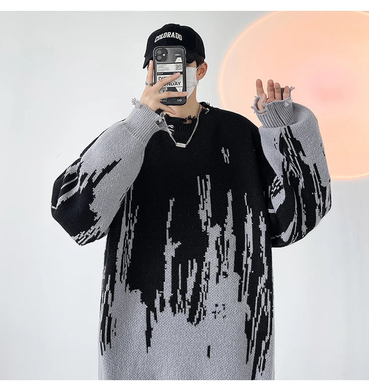 Threebooy Hip Hop Ripped Punk Knitted Sweaters Men Oversized Harajuku Streetwear Sweaters Winter Couples Fashion Knit Pullovers Tops