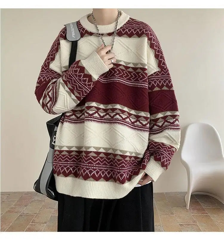 Threebooy Autumn and Winter Round Neck Sweater for Men Casual Trendy Brand Streamer Lazy Style Contrast Striped Knitted Sweater