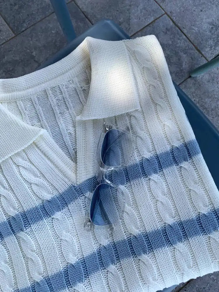 Threebooy 2025 Summer Simple Men's T-shirts Lapel Striped Button Design Knitted Clothing Short Sleeved Casual Male Tees Menswear