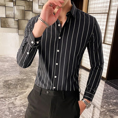 Threebooy  Korean Fashion Men's Shirts Button Down Slim Fit Long Sleeve Striped Shirt