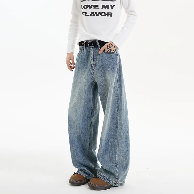 Threebooy Men's Denim Pants hip hop jean Classic Blue Washed Male Jeans Straight Casual Menwear Loose Wide Leg Trousers 2025 New Fashion