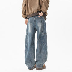 Threebooy Hip hop personality trend men and women straight leg washed jeans American couple loose retro curved knife casual pants y2k