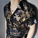 Threebooy Colorful Flowers Pattern Velvet Shirt Men Transparent Short Sleeve Sexy Shirt Social Club Outfits Party Men Designer Shirt