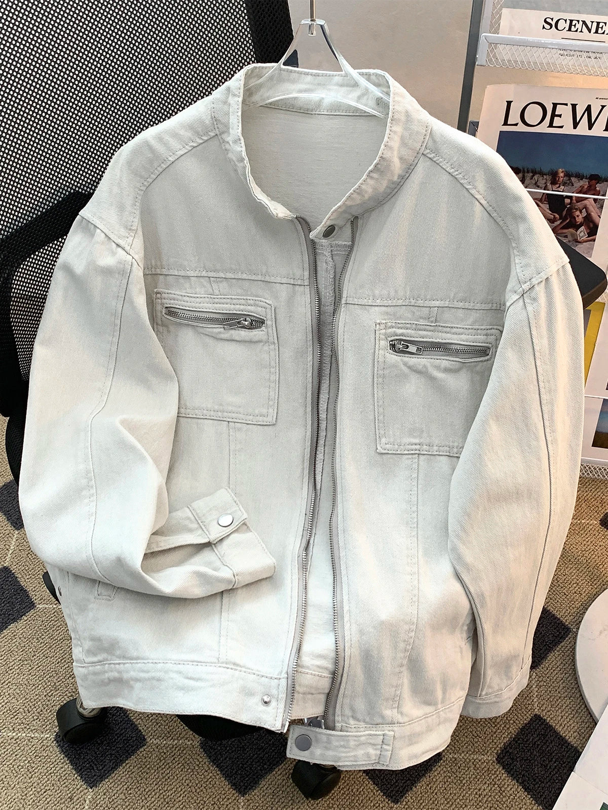 Threebooy  Washed Jeans Coat Worn Deconstructed Stand Collar Denim Jacket for Men's American Cleanfit Design Canvas Zipper Jacket