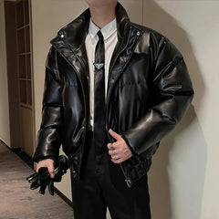 Threebooy  Korean Fashion High-Grade Pu Leather Mens Cotton-Padded Jacket Winter Stand-Up Collar Thick Warm Motorcycle Cotton Jacket Men