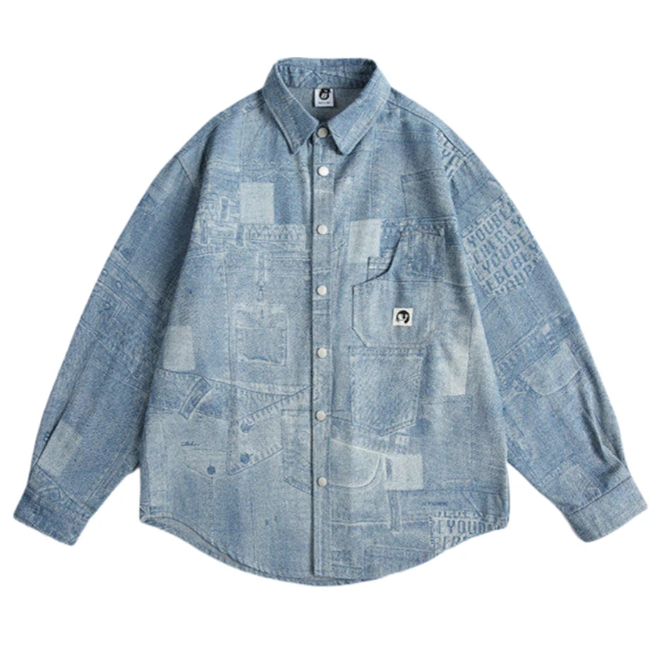 Threebooy Vintage Print Denim Shirts Mens Streetwear Long Sleeve Shirt for Men Harajuku Loose Casual Cotton Blouse Jeans Coats