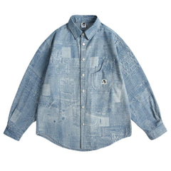 Threebooy Vintage Print Denim Shirts Mens Streetwear Long Sleeve Shirt for Men Harajuku Loose Casual Cotton Blouse Jeans Coats