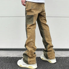 Threebooy Splash Ink Painted Washed Micro Elastic Denim Logging Pants Men's Patchwork Baggy Y2K Jeans Oversized Casual Cargo Trousers