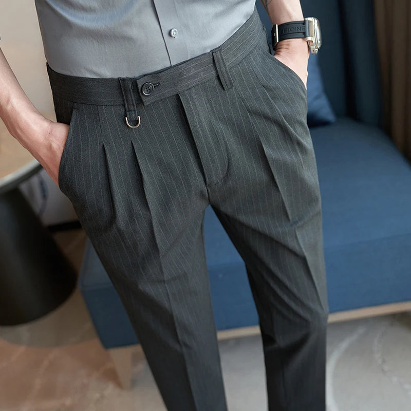 Threebooy Autumn Winter Men Fashion Business Casual Suit Pants Male Stripe Pants Men Slim Fit Straight Trousers