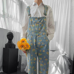 Threebooy Daisy Little Printed Overalls Denim Trousers For Men And Women New Loose Casual Jeans Jumpsuit Vintage Streetwear Tide