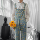 Threebooy Daisy Little Printed Overalls Denim Trousers For Men New Loose Casual Jeans Jumpsuit Vintage Streetwear Tide