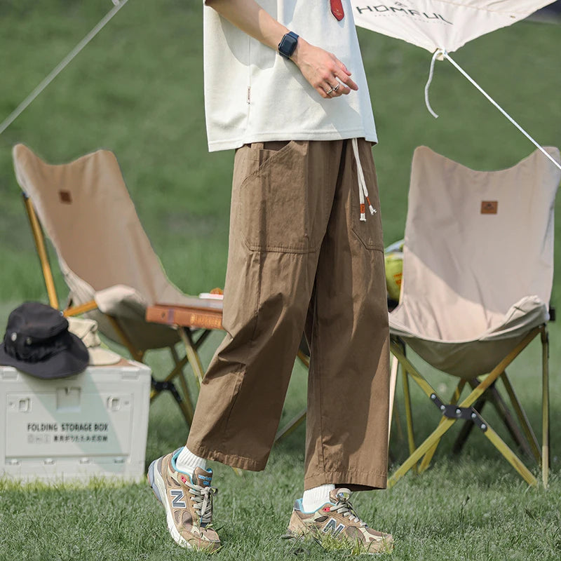 Threebooy Summer Thin Cotton Pants Men Fashion Retro Casual Pants Men Japanese Streetwear Hip-hop Loose Wide Leg Pants Mens Trousers