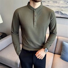 Threebooy Spring Autumn Henry Collar Polo Shirts Men Solid Color SLim Fit Casual Polos Mens Basics Breathable Daily Fashion Pullover Tops