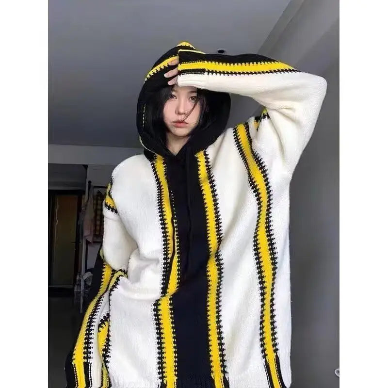 Threebooy Korean street style men and women trendy color blocked striped hooded sweater for couples autumn and winter loose retro casual