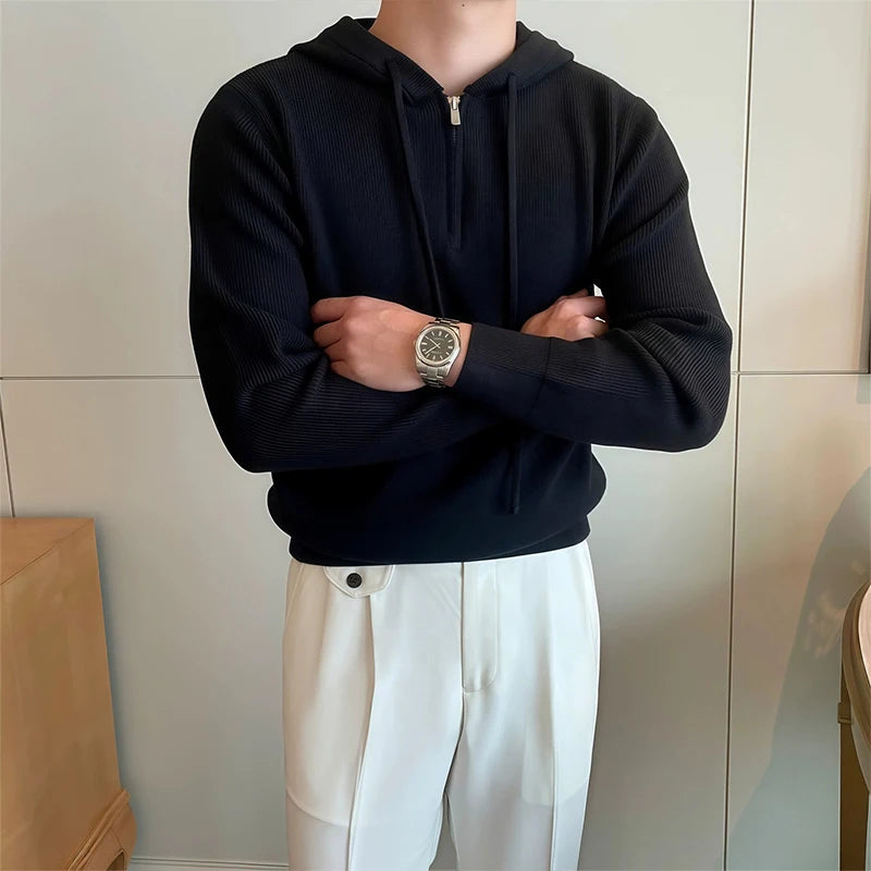 Threebooy  New British Leisure Men's Hooded Sweater Trendy Zip-up Preppy Style Slim-fit Long Sleeve Hoodies Casual Vintage Warmth Knitwear