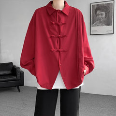 Threebooy Men's Dial Buckle Solid Long Sleeve Shirt Chic Pleated Decor Spring New Loose Casual Traditional Chinese Style Clothing