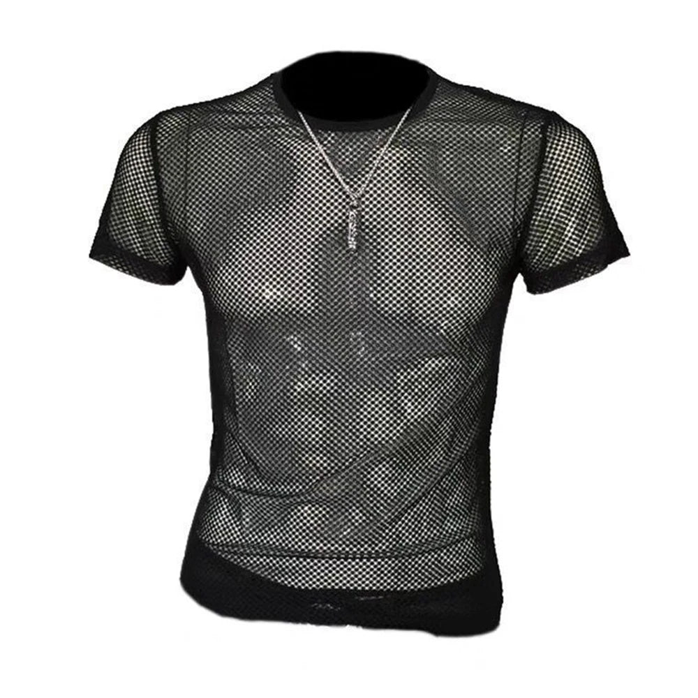 Threebooy New Men's T-shirt Trend Breathable Mesh Hollow Slim Fit Bottoming Sweatshirt Male Fitness Sports Quick-drying Short-sleeved Top