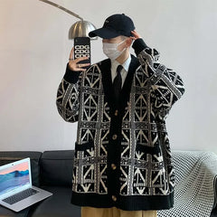 Knitted Cardigans Men American Vintage Loose Couples Plaid Fashion Coats High Street Long Sleeve Sweaters All-match Outwear New