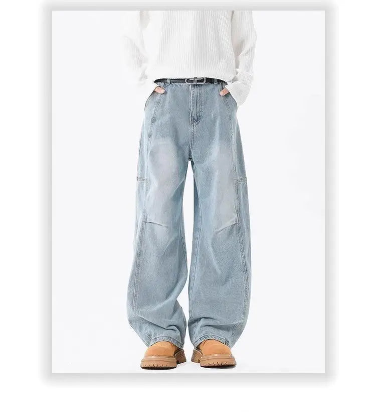 Threebooy Hip hop personality trend men and women straight leg washed jeans American couple loose retro curved knife casual pants y2k
