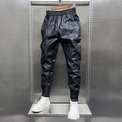 Threebooy Winter Velvet Leather Pants Unisex Thick Casual Pants Trendy PU Leather Tying Pants Streetwear New Motorcycle Trousers