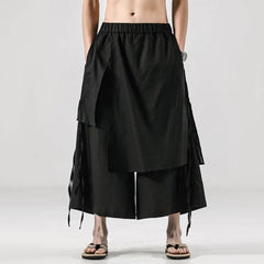 Threebooy Mens Double Layer Irregular Chinese Style Casual Culottes Genderless 2024 New Fashion Retro Solid Color Wide Leg Pants Unisex