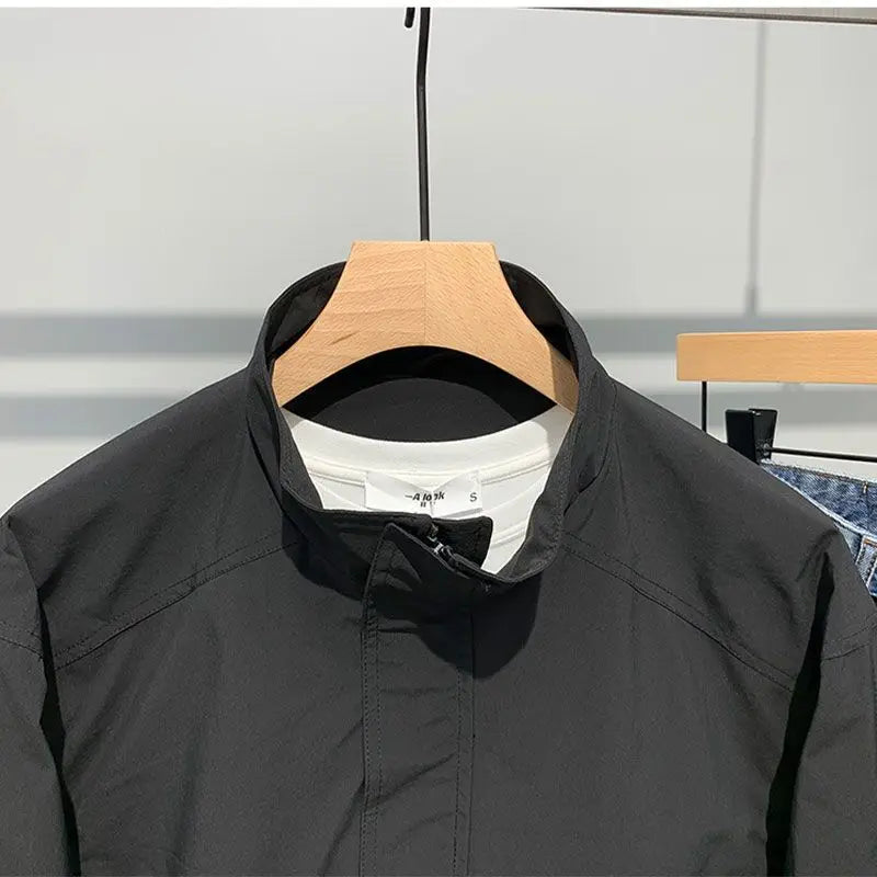 Threebooy  Spring Autumn Coat New Korean Personalized Standing Collar Jacket Men's Trendy Loose Casual Solid Cargo Youth Windproof Jacket