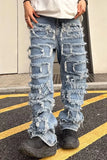 Threebooy Individualized patch jeans men  American high street hip-hop fried street beggar pants blue loose small crowd mopping