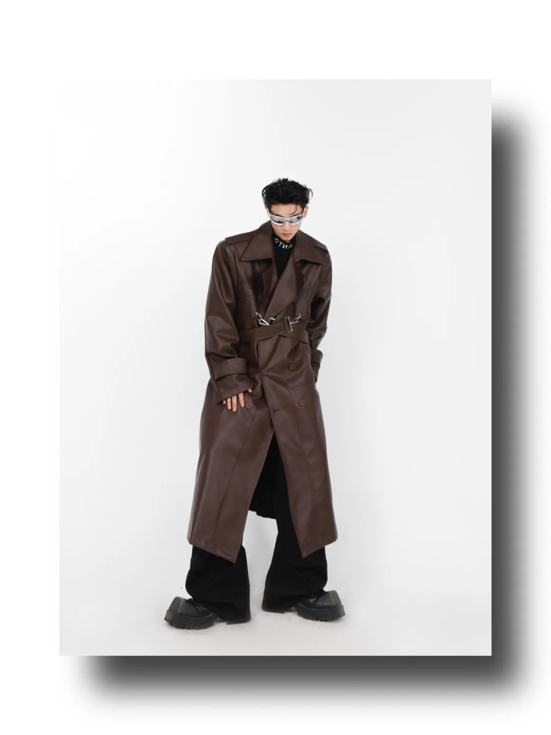 Threebooy Niche Pu Leather Coat Metal Zipper Double-layer Splicing Design Windbreaker Over Knee Jacket Men High Street Top Punk Streetwear