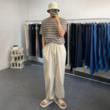 Threebooy Mens Cotton Linen Casual Straight Leg Cinch Pants Genderless 2024 New Summer Fashion Simple Youth Thin Solid Color Pants Unisex