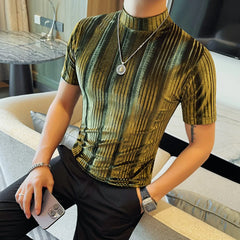 Threebooy  Spring/Summer Velvet Gradient T-shirt Men Short Sleeved High Neck Casual T-shirt Sim Fit Elastic Streetwear T Shirt Men Clothing