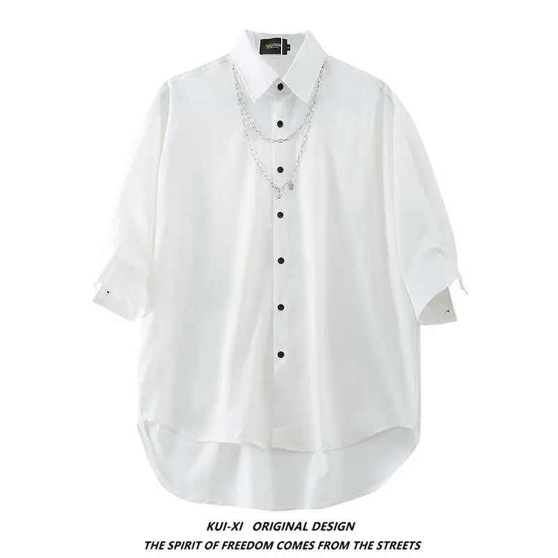 Threebooy Original Niche Necklace Short-sleeved Shirt Trend Oversize Street Simple Button Up Couples Lapel Shirt Men Summer Streetwear