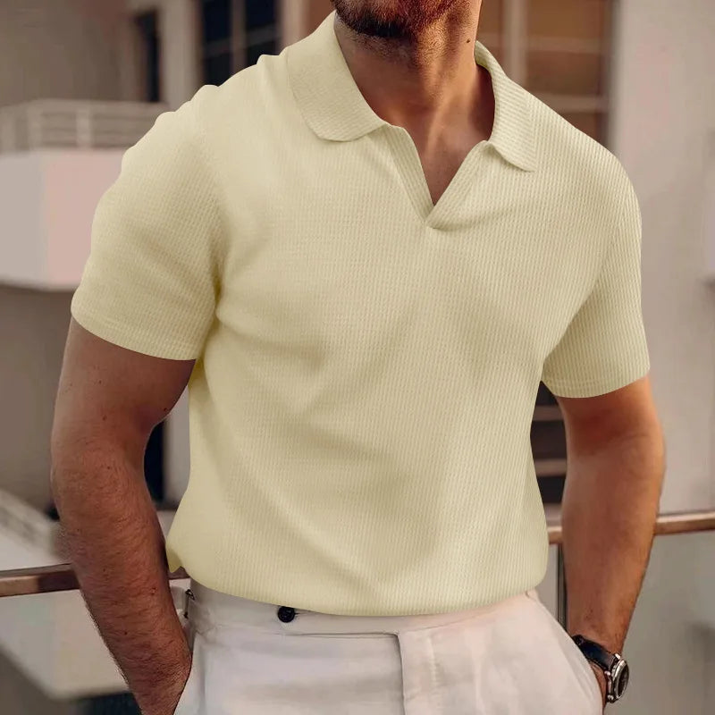 Threebooy  Summer New Polo Collar Casual Fashion Men's Clothing Heavy Waffle Short Sleeve Solid Color Casual V Collar Polo Shirt