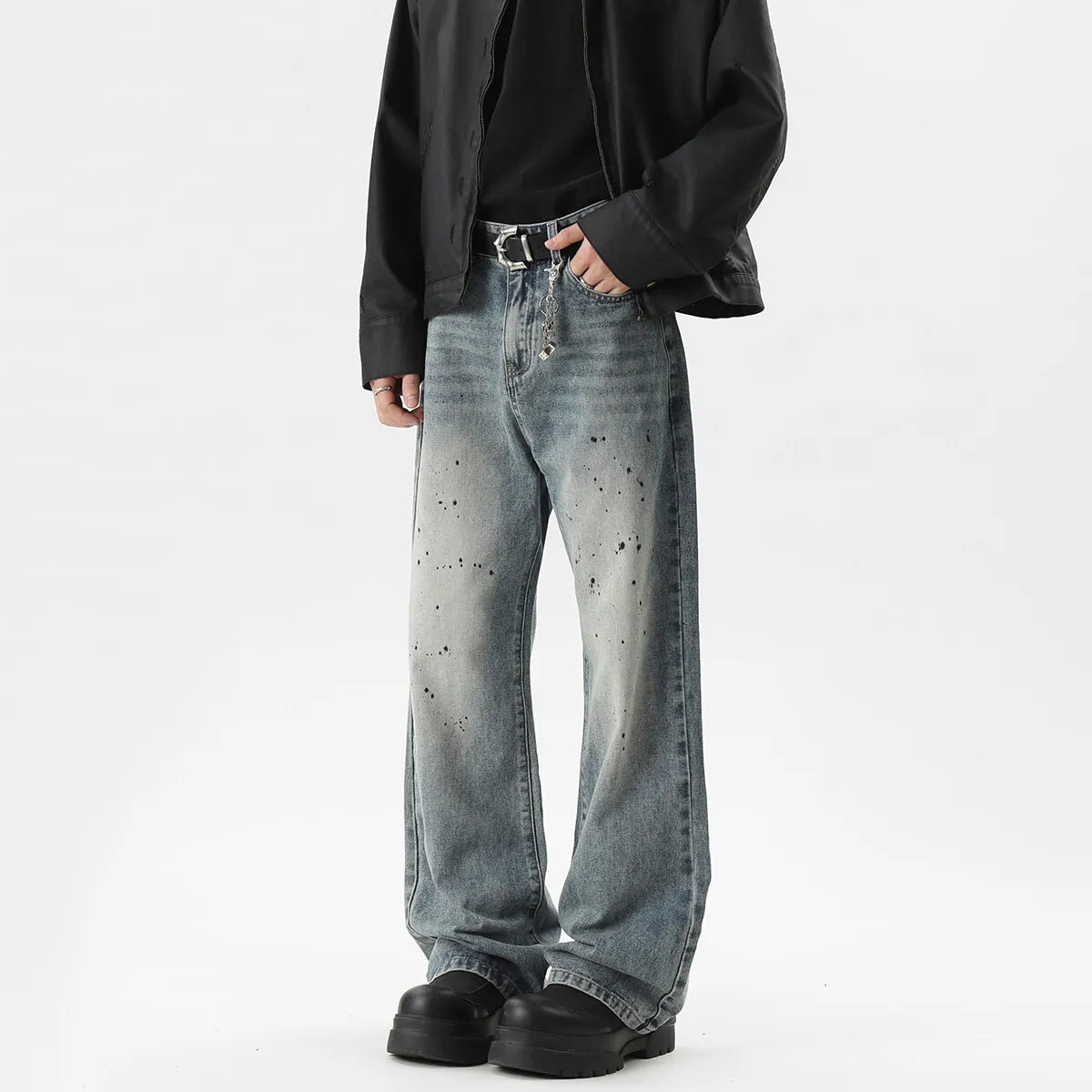 Threebooy Summer Men's Denim Pants Old Blue Washed Male Jeans Straight fleck Casual Menwear Loose Wide Leg Trousers 2024 New Fashion