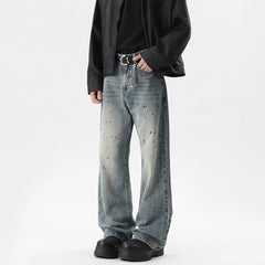 Threebooy Summer Men's Denim Pants Old Blue Washed Male Jeans Straight fleck Casual Menwear Loose Wide Leg Trousers 2024 New Fashion