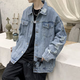 Threebooy Hole Denim Jacket Men Fashion Loose Hip Hop Streetwear Coat Solid Turn Dow Collar Single Breasted Mens Jean Jackets Male Outwear