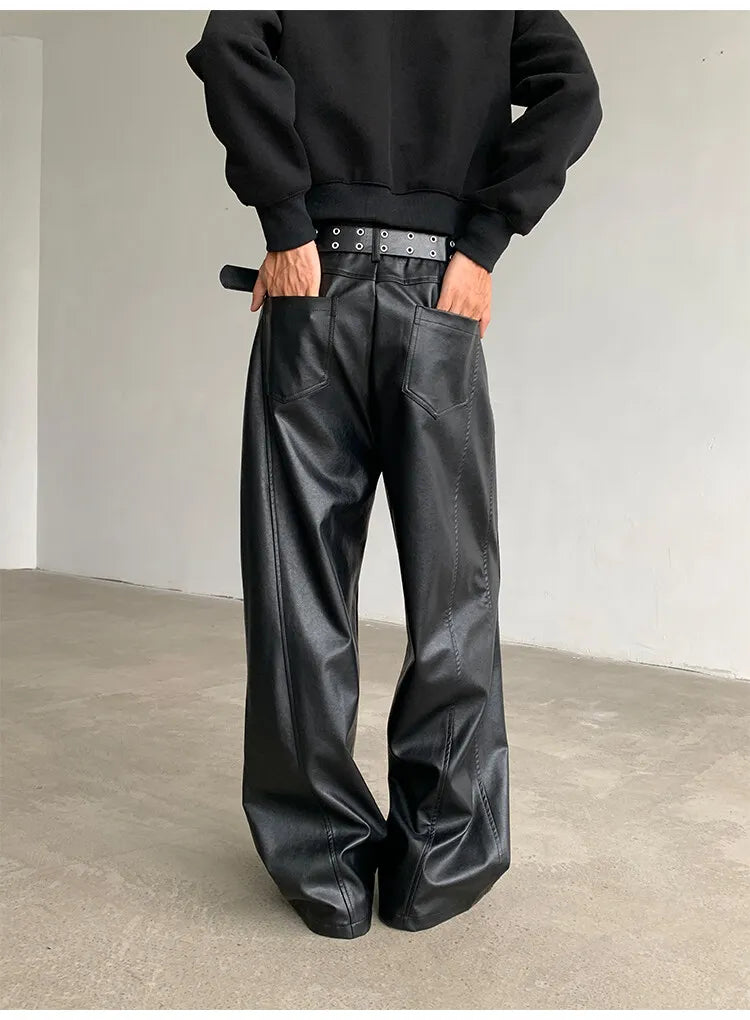 Threebooy PU Leather Pants men Straight Spring Men's Punk Fashion Hip Hip Men Wide-leg Mopping Trousers Windproof Dark Brown/Black