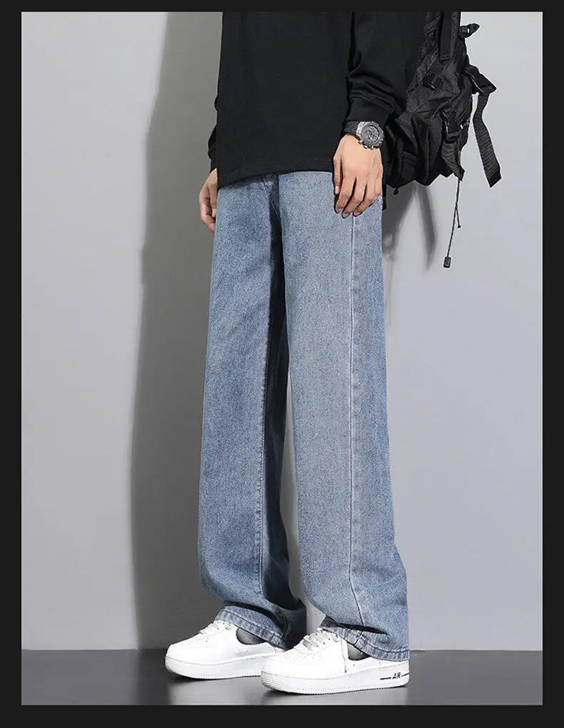 Threebooy 2025 New Korean Men's Casual Long Jeans Classic Man Straight Denim Wide-leg Pants Solid Color Light Blue Grey Black