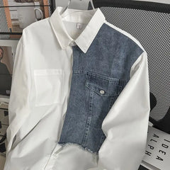 Threebooy Japanese High-end Denim Jacket Spliced Long-sleeved Shirt Men's Niche Design Sense High Street Couple Loose Casual White Shirt
